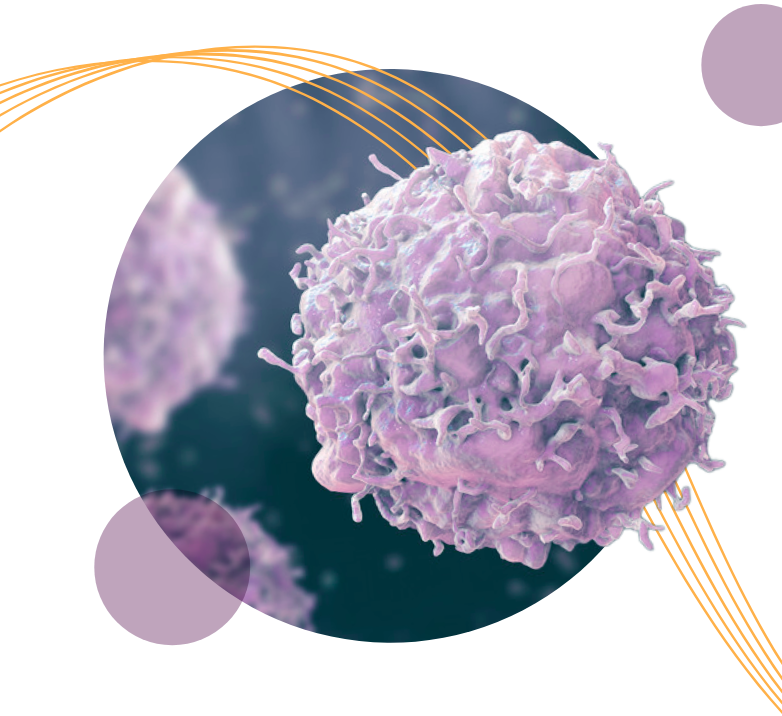 5 parallel orange lines winding through circle containing up-close view of a cancer cell. Two small purple circles surround the main photo.