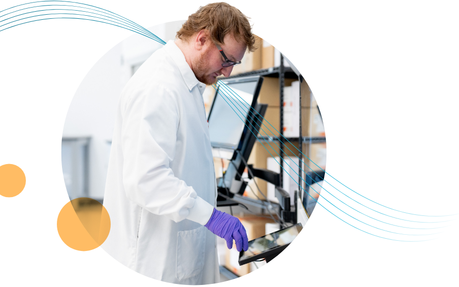 Gray background with parallel blue lines weaving through circle containing a photo of an ACCENTuator in the lab. Two small orange circles surround the main photo.