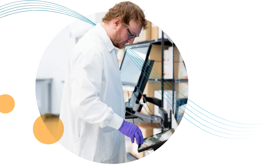 Gray background with parallel blue lines weaving through circle containing a photo of an ACCENTuator in the lab. Two small orange circles surround the main photo.